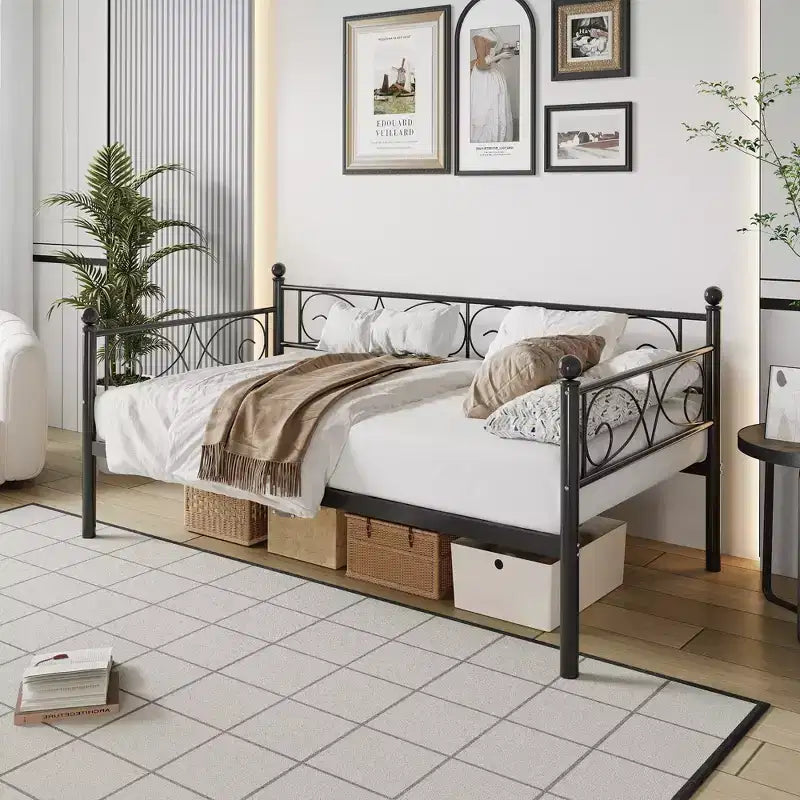 Twin Size Metal Daybed Frame with Storage, Heavy Duty Daybed with Metal Slats, Multifunctional Twin Day Bed for Living Room, Bedroom, Black