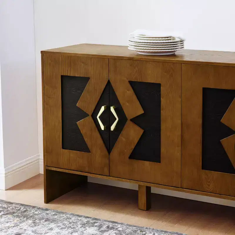 60" Sideboard Buffet Cabinet, Buffet Table with Geometric Pattern, Adjustable Shelves, Outlet Holes, Console Cabinet for Kitchen, Dining Room