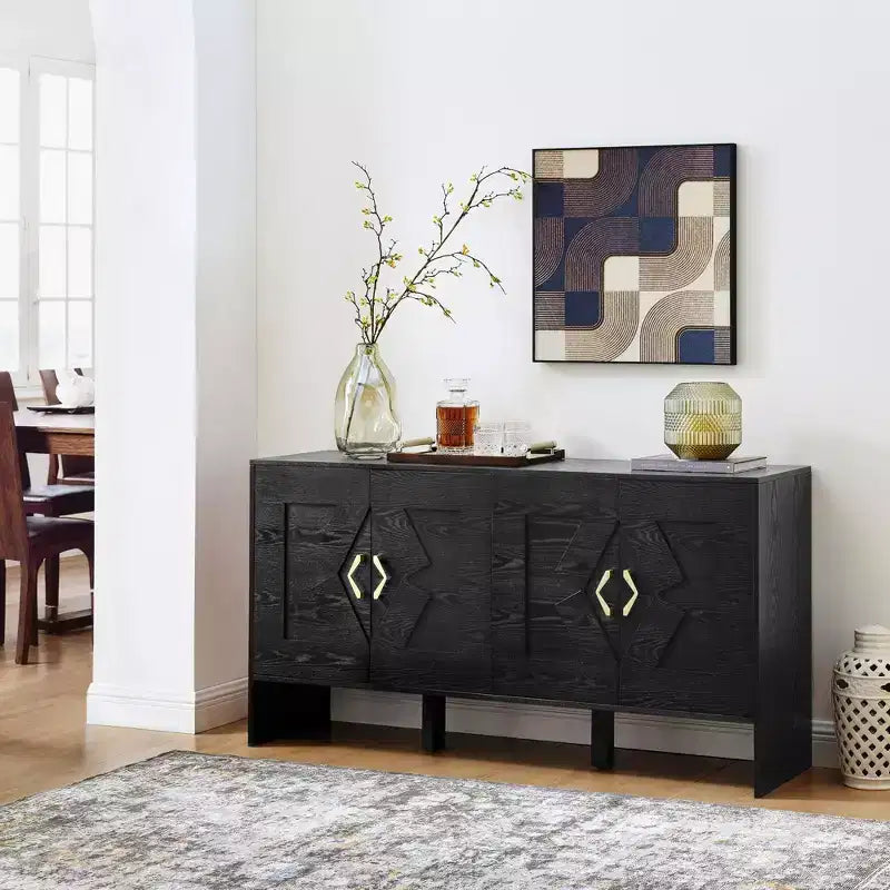 60" Sideboard Buffet Cabinet, Buffet Table with Geometric Pattern, Adjustable Shelves, Outlet Holes, Console Cabinet for Kitchen, Dining Room
