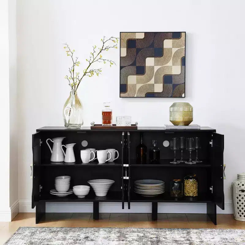60" Sideboard Buffet Cabinet, Buffet Table with Geometric Pattern, Adjustable Shelves, Outlet Holes, Console Cabinet for Kitchen, Dining Room