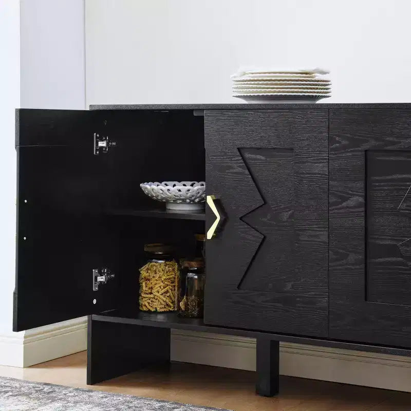 60" Sideboard Buffet Cabinet, Buffet Table with Geometric Pattern, Adjustable Shelves, Outlet Holes, Console Cabinet for Kitchen, Dining Room