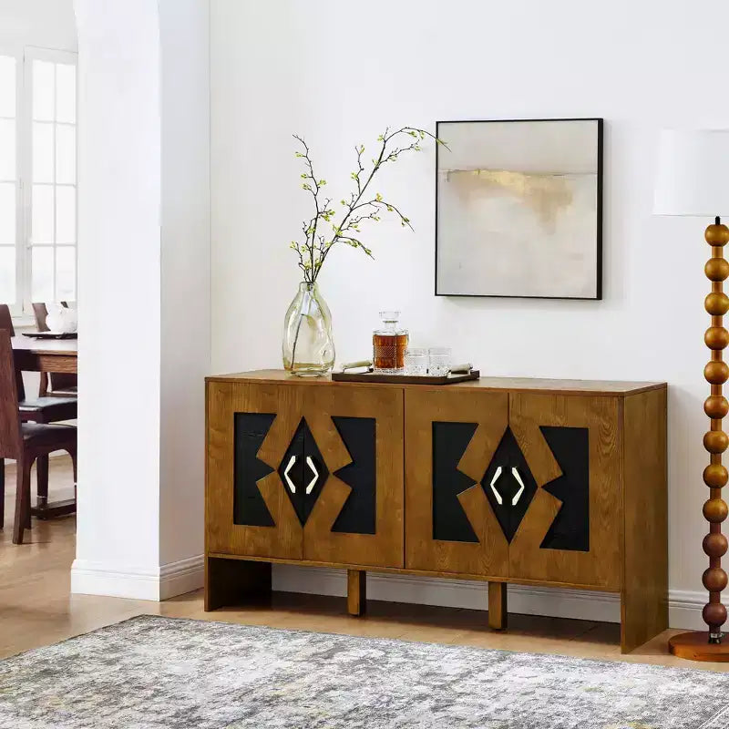 60" Sideboard Buffet Cabinet, Buffet Table with Geometric Pattern, Adjustable Shelves, Outlet Holes, Console Cabinet for Kitchen, Dining Room