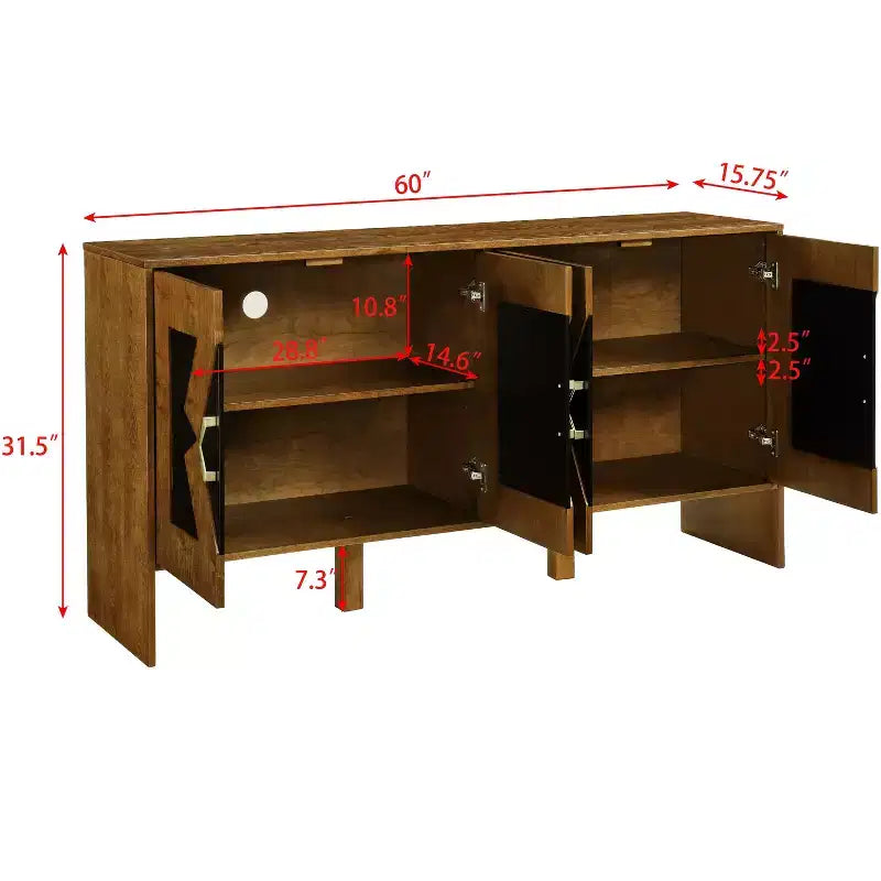 60" Sideboard Buffet Cabinet, Buffet Table with Geometric Pattern, Adjustable Shelves, Outlet Holes, Console Cabinet for Kitchen, Dining Room