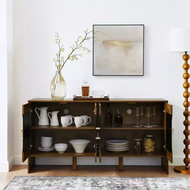 60" Sideboard Buffet Cabinet, Buffet Table with Geometric Pattern, Adjustable Shelves, Outlet Holes, Console Cabinet for Kitchen, Dining Room