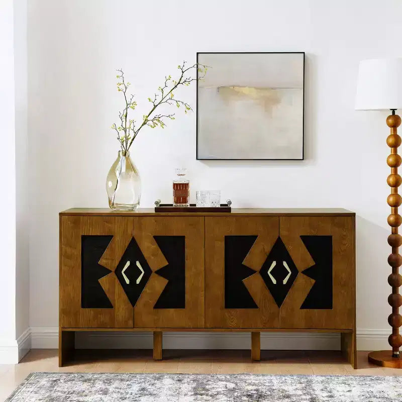 60" Sideboard Buffet Cabinet, Buffet Table with Geometric Pattern, Adjustable Shelves, Outlet Holes, Console Cabinet for Kitchen, Dining Room