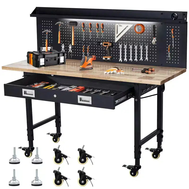 60 Workbench with Drawers, Strip Light, Adjustable Work Table, Large Pegboard, 2000 LBS Heavy Duty Table,Power Outlet Rubber Wood for Garage, Office