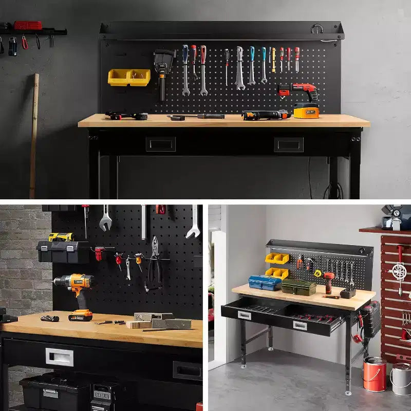 60 Workbench with Drawers, Strip Light, Adjustable Work Table, Large Pegboard, 2000 LBS Heavy Duty Table,Power Outlet Rubber Wood for Garage, Office
