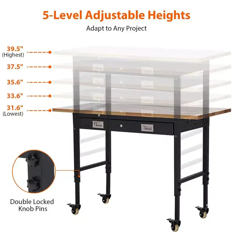 60 Workbench with Drawers, Strip Light, Adjustable Work Table, Large Pegboard, 2000 LBS Heavy Duty Table,Power Outlet Rubber Wood for Garage, Office