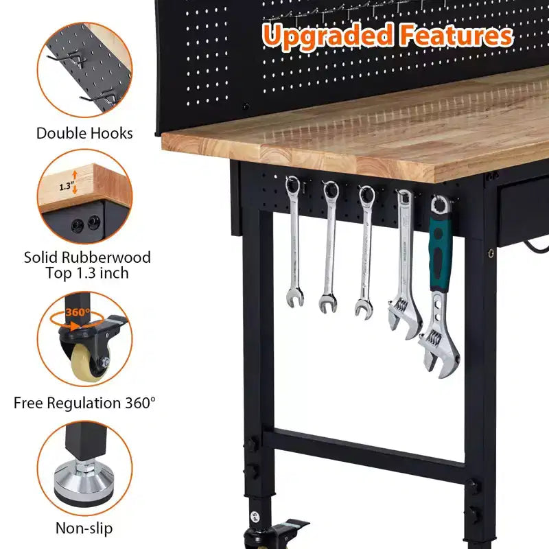 60 Workbench with Drawers, Strip Light, Adjustable Work Table, Large Pegboard, 2000 LBS Heavy Duty Table,Power Outlet Rubber Wood for Garage, Office
