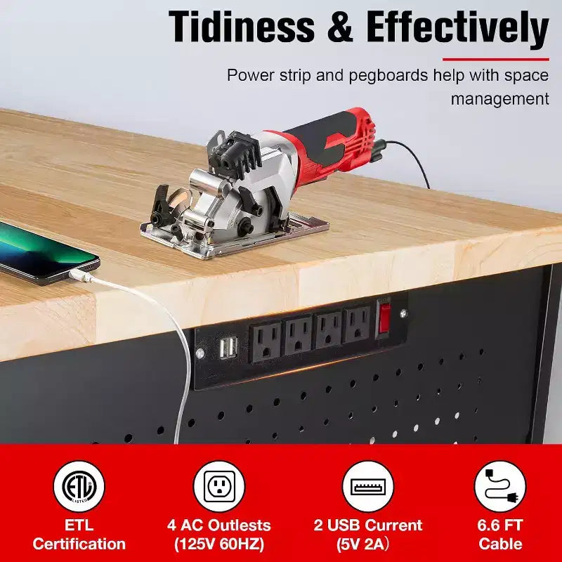 60 Workbench with Drawers, Strip Light, Adjustable Work Table, Large Pegboard, 2000 LBS Heavy Duty Table,Power Outlet Rubber Wood for Garage, Office