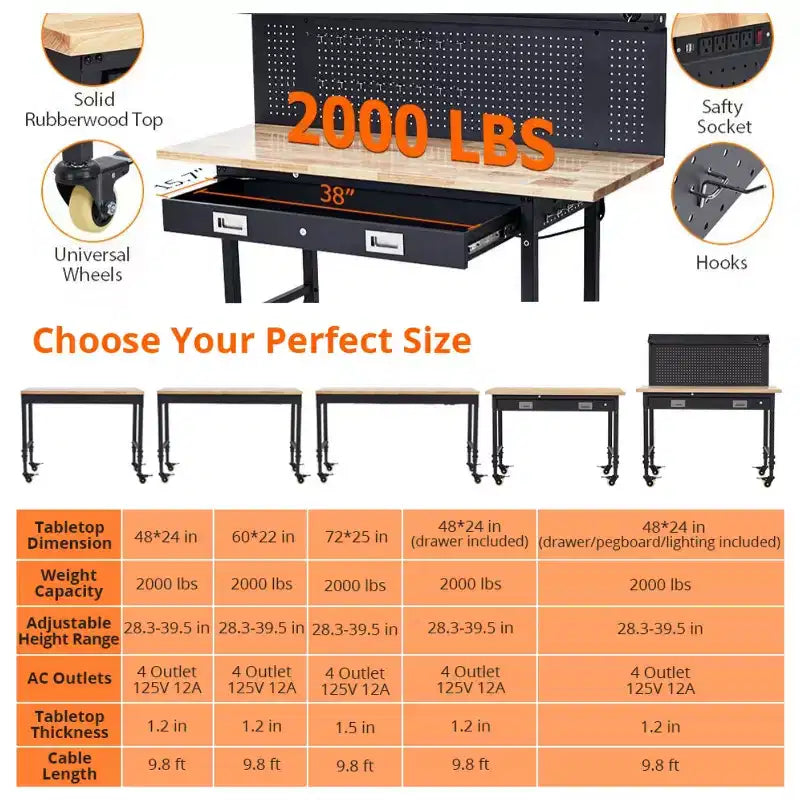 60 Workbench with Drawers, Strip Light, Adjustable Work Table, Large Pegboard, 2000 LBS Heavy Duty Table,Power Outlet Rubber Wood for Garage, Office