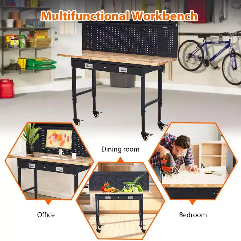 60 Workbench with Drawers, Strip Light, Adjustable Work Table, Large Pegboard, 2000 LBS Heavy Duty Table,Power Outlet Rubber Wood for Garage, Office