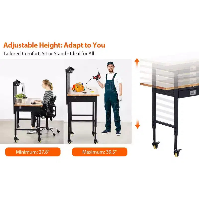 60 Workbench with Drawers, Strip Light, Adjustable Work Table, Large Pegboard, 2000 LBS Heavy Duty Table,Power Outlet Rubber Wood for Garage, Office
