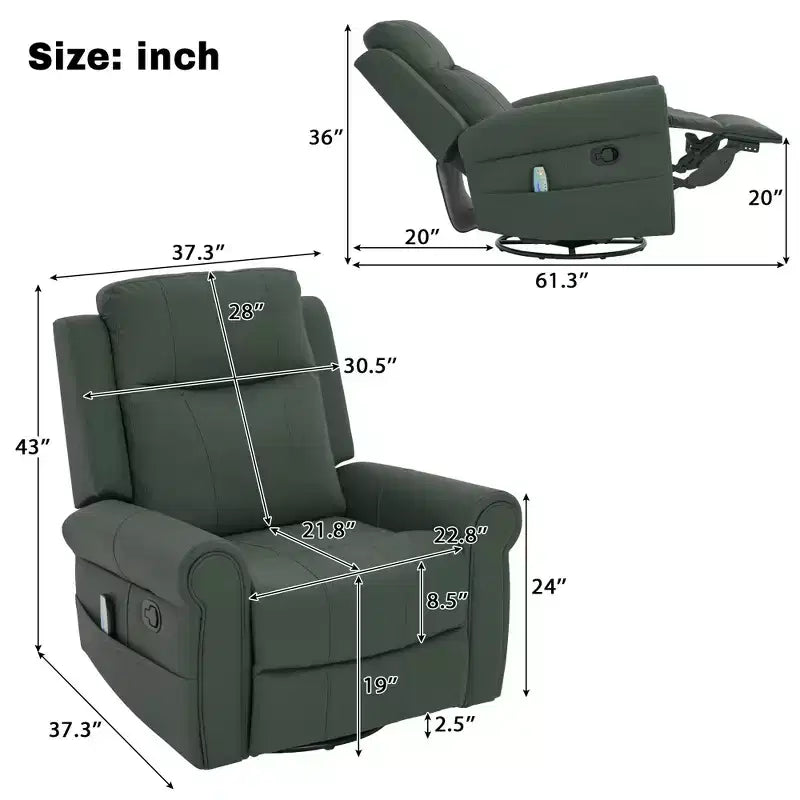 Modern 270° Swivel Faux Leather Upholstered Manual Recliner with Massage and Heating