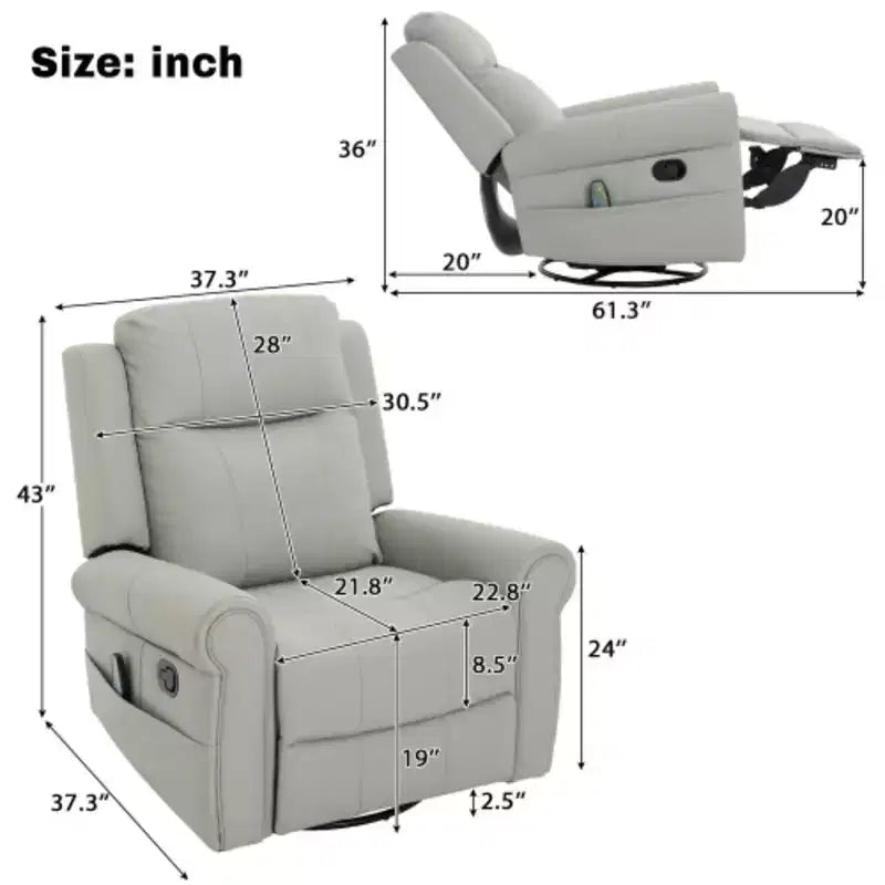 Modern 270° Swivel Faux Leather Upholstered Manual Recliner with Massage and Heating