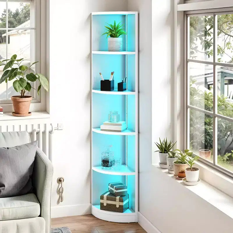 5-Tier Corner Bookcase With LED Light 70.8in Tall Modern Unit Corner Bookshelf Wooden Open Storage Book Shelves Floor Standing White
