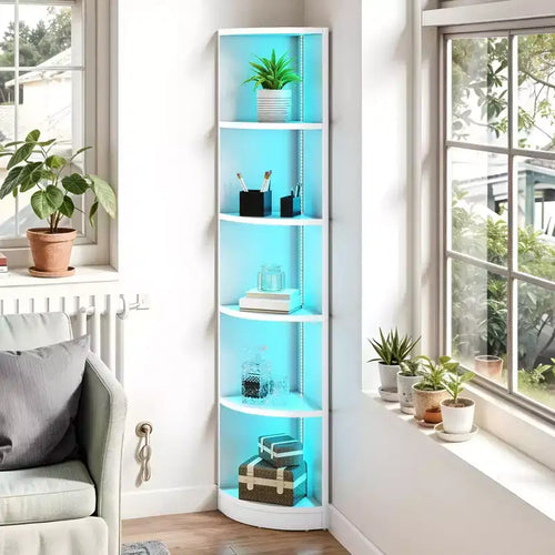 5-Tier Corner Bookcase With LED Light 70.8in Tall Modern Unit Corner Bookshelf Wooden Open Storage Book Shelves Floor Standing White