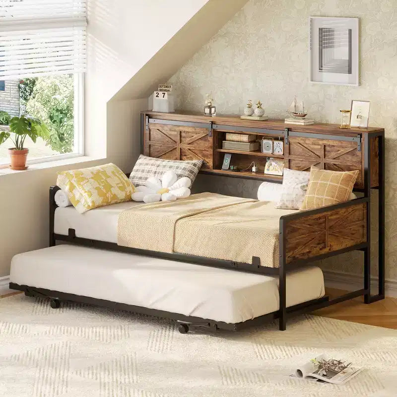 Farmhouse Daybed with Bookcase Headboard, Trundle and Charging Station