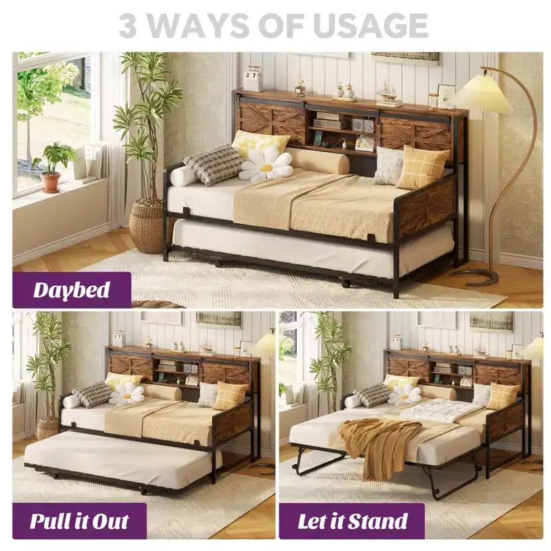Farmhouse Daybed with Bookcase Headboard, Trundle and Charging Station