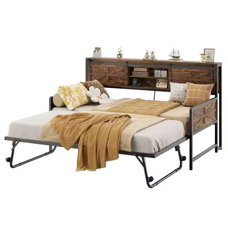 Farmhouse Daybed with Bookcase Headboard, Trundle and Charging Station
