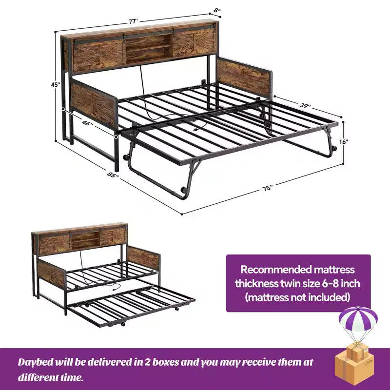Farmhouse Daybed with Bookcase Headboard, Trundle and Charging Station