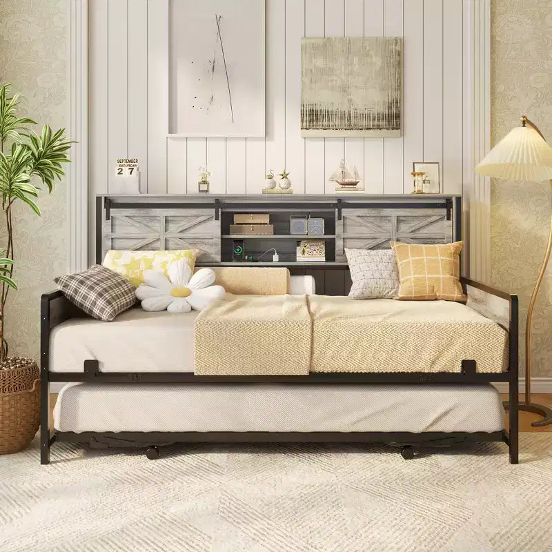 Farmhouse Daybed with Bookcase Headboard, Trundle and Charging Station