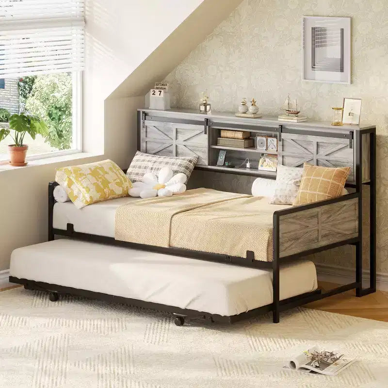 Farmhouse Daybed with Bookcase Headboard, Trundle and Charging Station