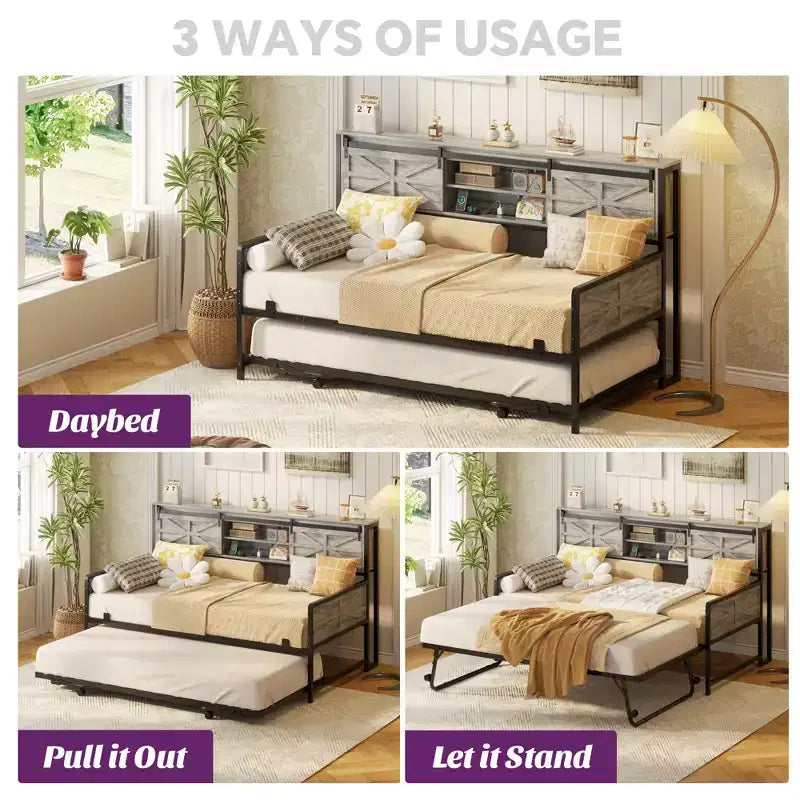 Farmhouse Daybed with Bookcase Headboard, Trundle and Charging Station