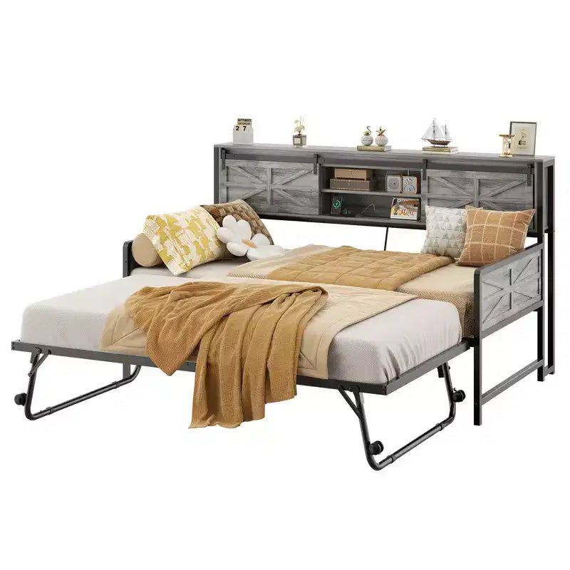 Farmhouse Daybed with Bookcase Headboard, Trundle and Charging Station