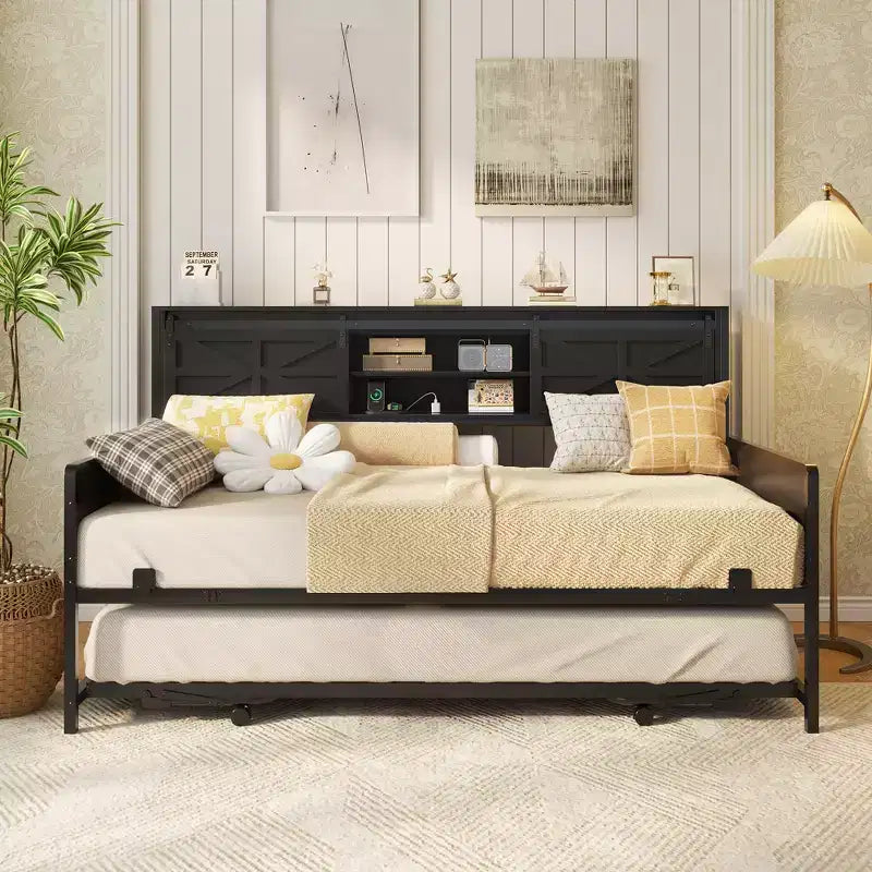 Farmhouse Daybed with Bookcase Headboard, Trundle and Charging Station