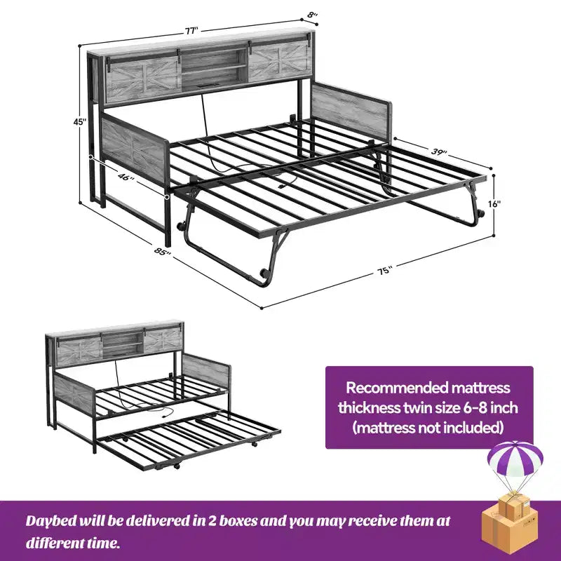 Farmhouse Daybed with Bookcase Headboard, Trundle and Charging Station