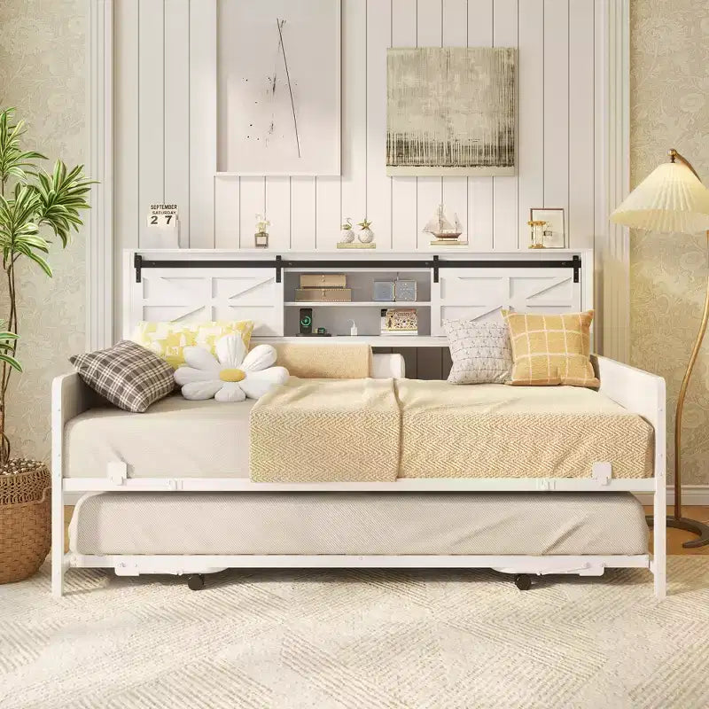 Farmhouse Daybed with Bookcase Headboard, Trundle and Charging Station