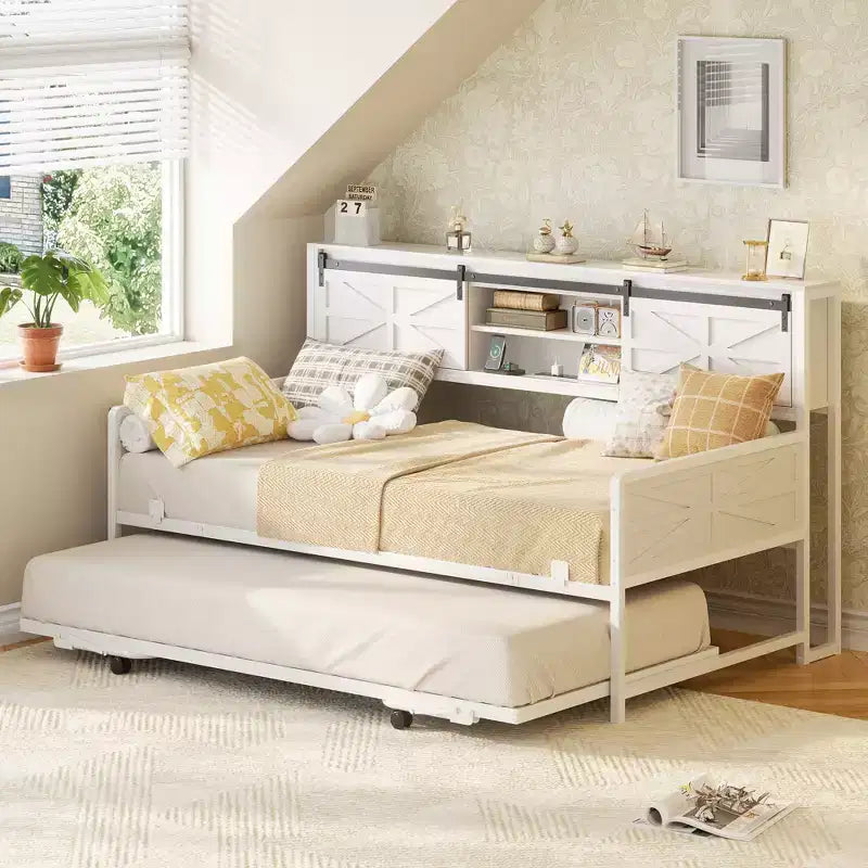 Farmhouse Daybed with Bookcase Headboard, Trundle and Charging Station