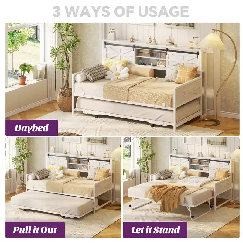 Farmhouse Daybed with Bookcase Headboard, Trundle and Charging Station