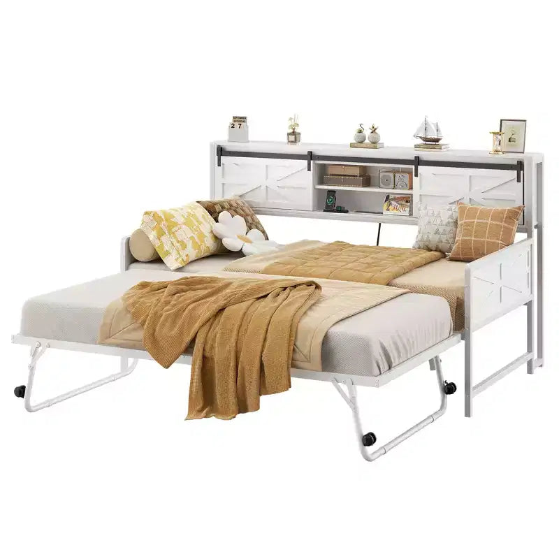 Farmhouse Daybed with Bookcase Headboard, Trundle and Charging Station