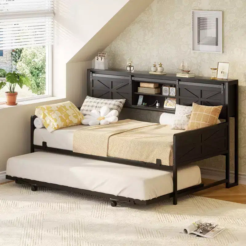 Farmhouse Daybed with Bookcase Headboard, Trundle and Charging Station