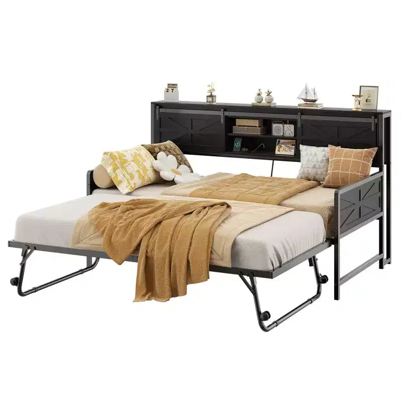 Farmhouse Daybed with Bookcase Headboard, Trundle and Charging Station