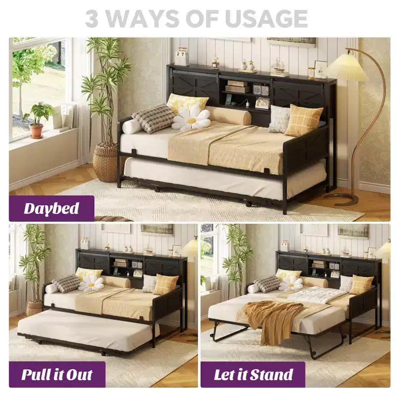 Farmhouse Daybed with Bookcase Headboard, Trundle and Charging Station