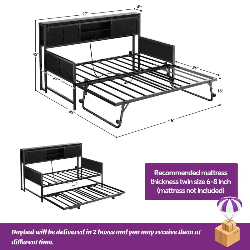 Farmhouse Daybed with Bookcase Headboard, Trundle and Charging Station