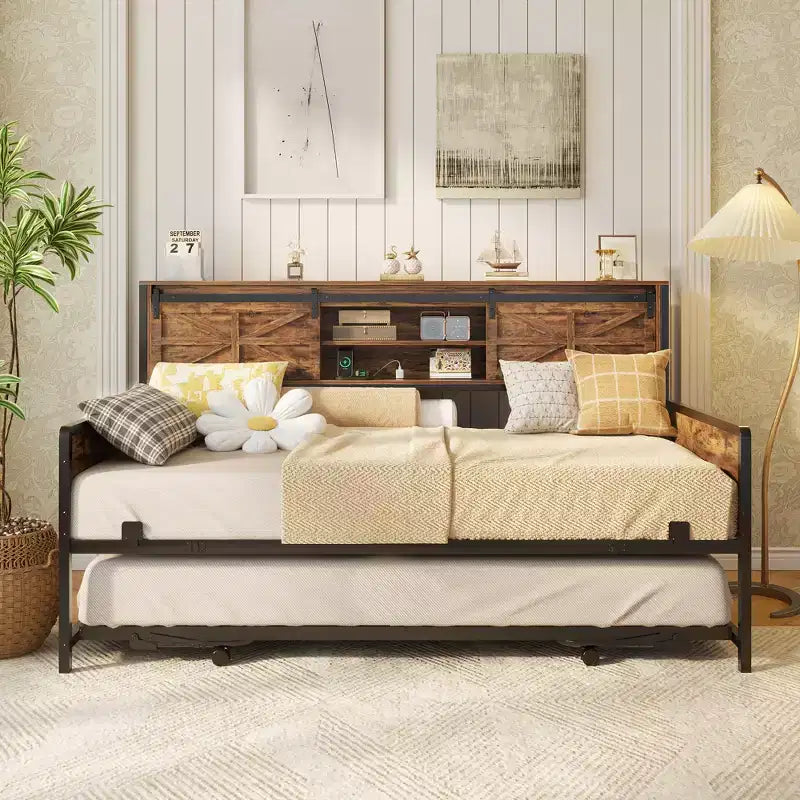 Farmhouse Daybed with Bookcase Headboard, Trundle and Charging Station