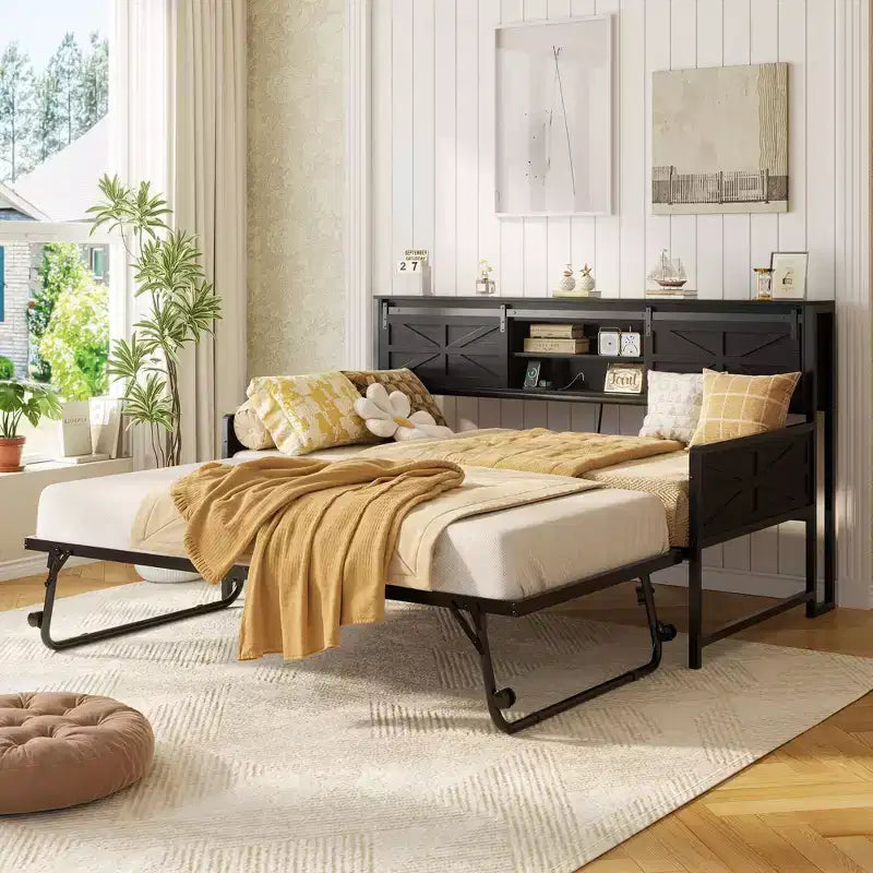 Besiost Farmhouse Daybed with Bookcase Headboard, Daybed with Trundle and Charging Station