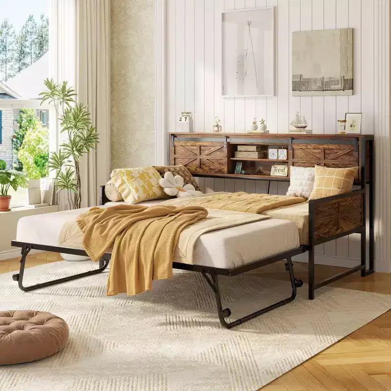 Farmhouse Daybed with Bookcase Headboard, Trundle and Charging Station