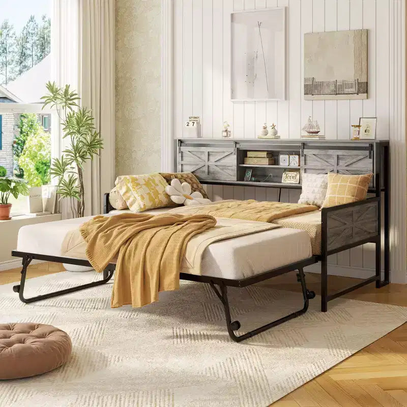 Farmhouse Daybed with Bookcase Headboard, Trundle and Charging Station