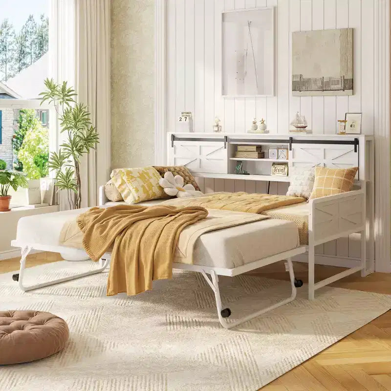 Farmhouse Daybed with Bookcase Headboard, Trundle and Charging Station