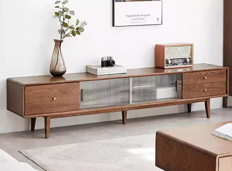 Walnut Color Grade Solid Red Oak TV Cabinet with Two Drawer Storage and Chinese Glass Doors, combining style and function.