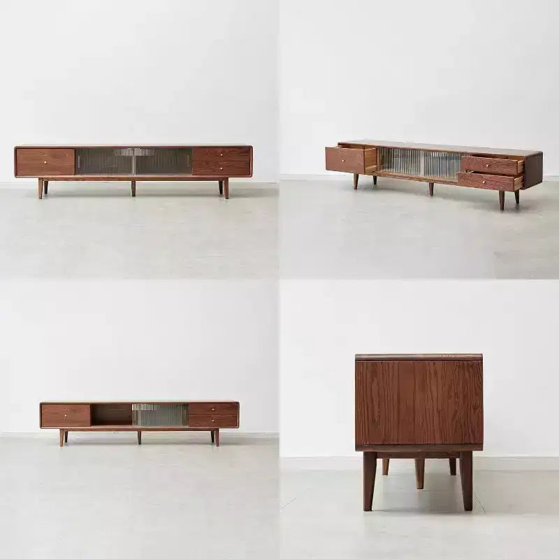 Walnut Color Grade Solid Red Oak TV Cabinet with Two Drawer Storage and Chinese Glass Doors, combining style and function.