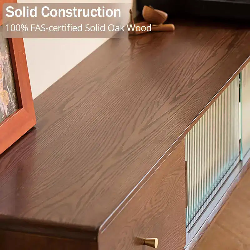 Walnut Color Grade Solid Red Oak TV Cabinet with Two Drawer Storage and Chinese Glass Doors, combining style and function.