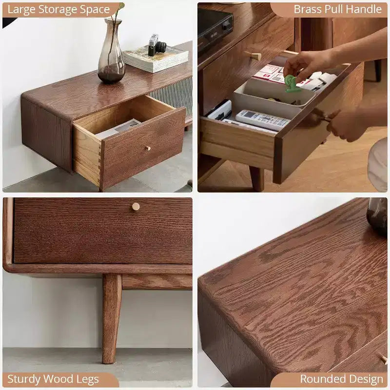 Meuble TV en chêne rouge massif de qualité noyer avec deux tiroirs de rangement et portes en verre chinois, alliant style et fonction.
