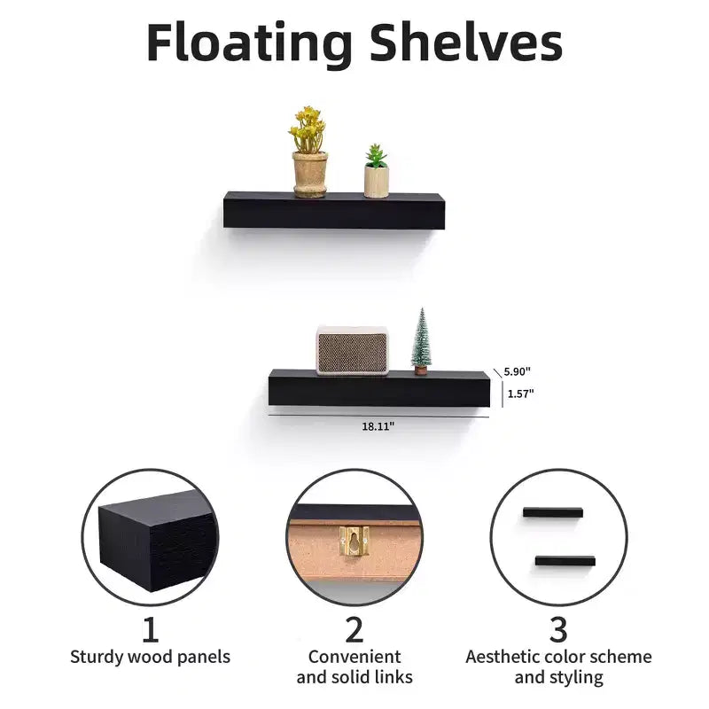 18.11 Black LED Floating Shelf C invisible-bracket wood wall mount with built-in LED, perfect bathroom/bedroom/kitchen dcor or book/plant display