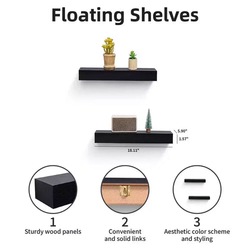 18.11 Black LED Floating Shelf C invisible-bracket wood wall mount with built-in LED, perfect bathroom/bedroom/kitchen dcor or book/plant display